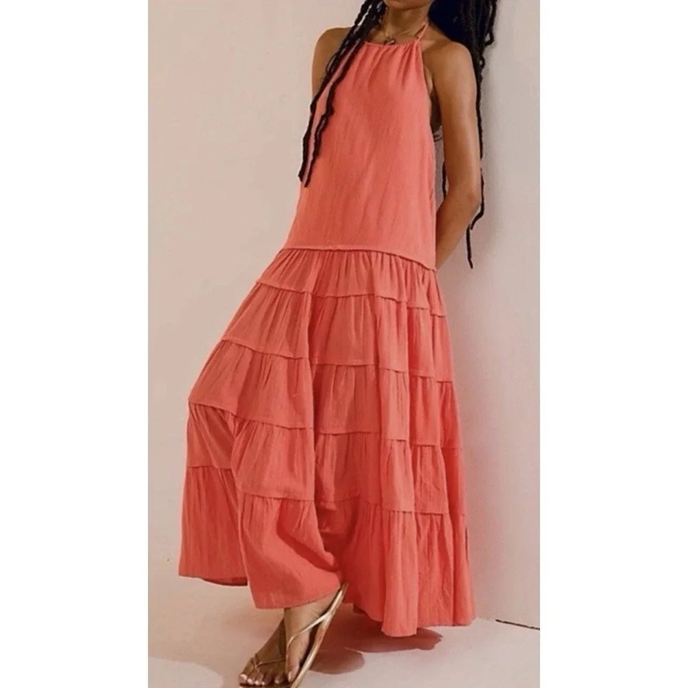Free People Somewhere Sunny Drop Waist Maxi Dress Medium Coral Halter Beaded‎